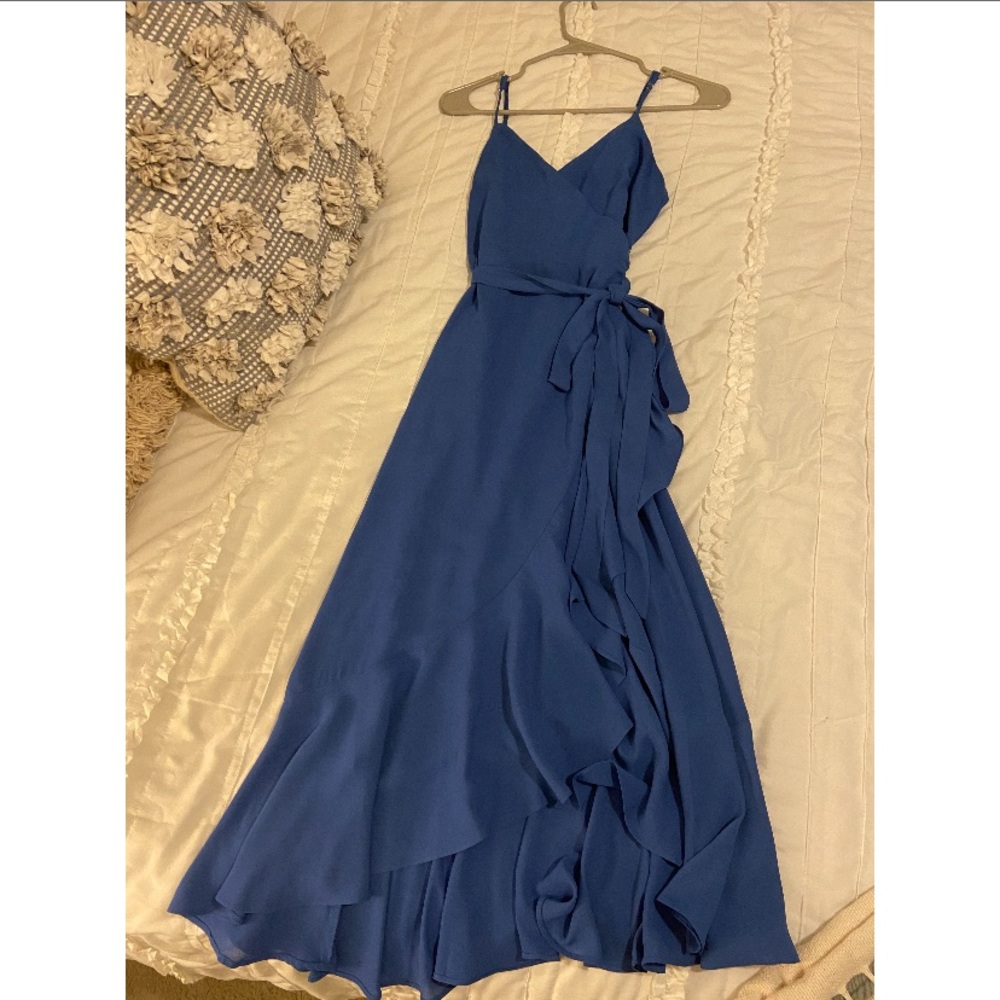 Manhattan Moment Blue Ruffled Midi Wrap Dress